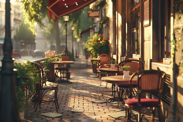 Charmantes Café mit Tischen, die sich auf die Seite ausbreiten