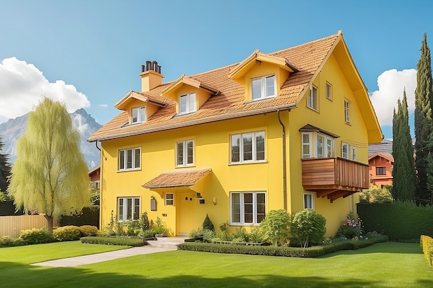 Charmantes gelbes Haus mit Holzfenstern und grünem Grasgarten