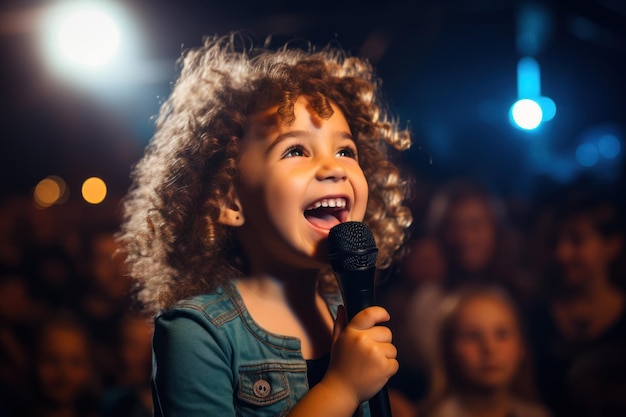 charmantes Mädchen singt emotional bei einem Konzert vor einem Mikrofon