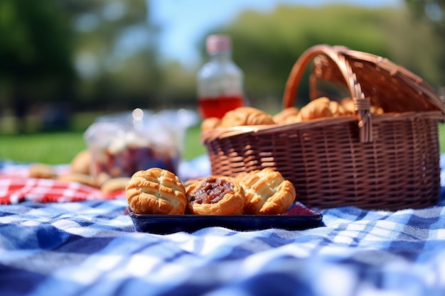 Charmantes Picknick-Setup mit köstlichem Gebäck und einer Flasche Wein auf einem Holztisch. Generative KI