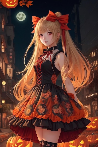 Charmantes rotes Kleid, blondes Anime-Mädchen mit Halloween-Band