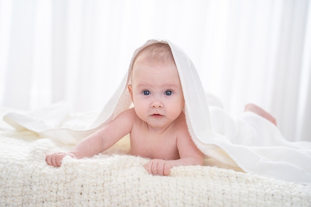 Charmantes süßes Baby liegt auf dem Bett unter einer weißen Decke