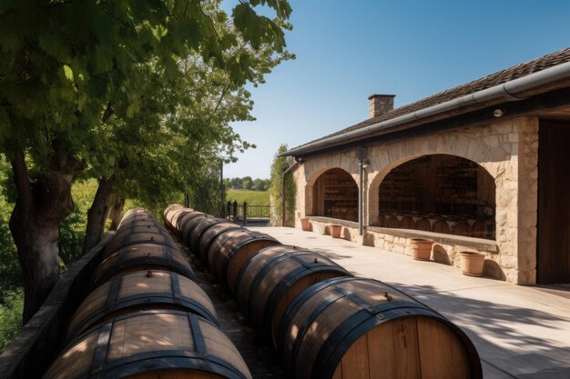 Charmantes Weingut zwischen Weinbergen und gealterten Fässern, generativ IA