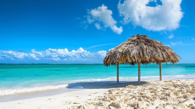 Charme costeiro uma encantadora cabana tiki com telhado de palha é o cenário perfeito para este cenário de praia