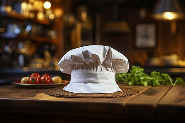 Foto charme culinário chapéu de cozinheiro branco adorna uma mesa de cozinha