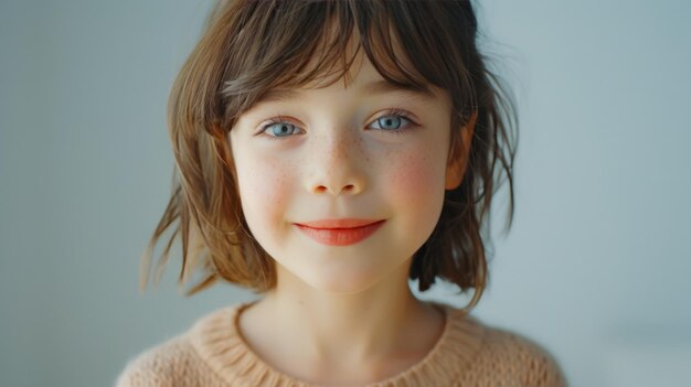 Foto charme irlandés sonriente niña de 12 años con cabello bob en gris claro