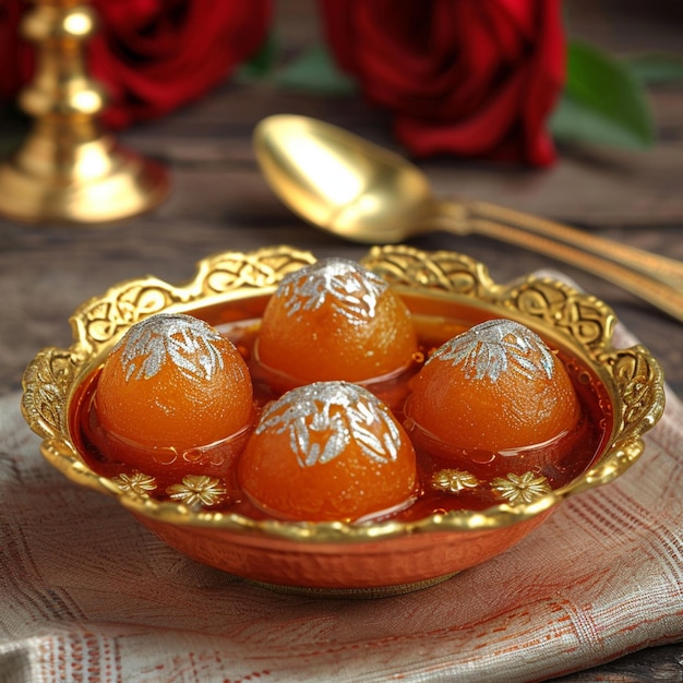 Foto charme metálico sobremesa indiana gulab jamun em uma tigela tradicional para social media post size