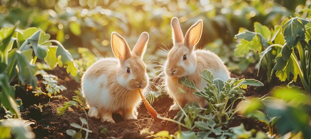 Foto charming coelhos brancos felizmente mordendo cenouras em uma cena de jardim pitoresco