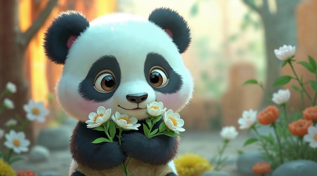 A charming panda cub holding a bouquet of white flowers