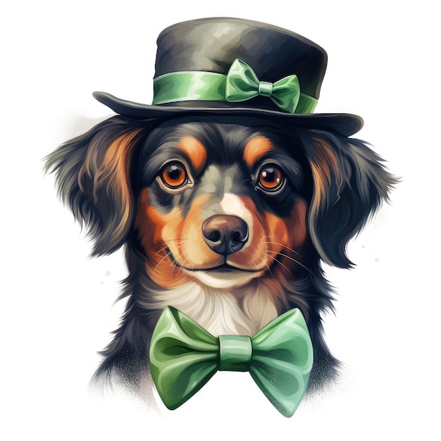 Charming Pup feiert mit einem glänzenden grünen Hut und einem Bogen für die Feierlichkeiten des St. Patrick's Day Generative AI