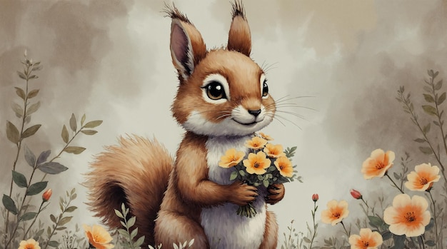 Charming Squirrel with a Bouquet of Flowers in a Watercolor Style