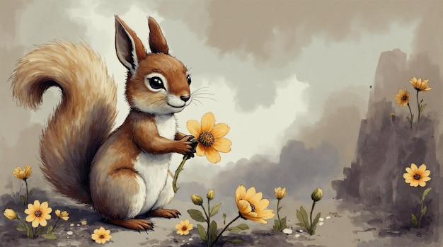 Charming Squirrel with a Yellow Flower in a Watercolor Landscape