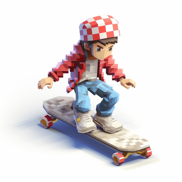 Charming Voxel Art Skateboarding Personagem detalhado 3d Pixel desenho animado