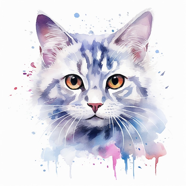 Charmosa arte de gato em aquarela em um pano de fundo branco