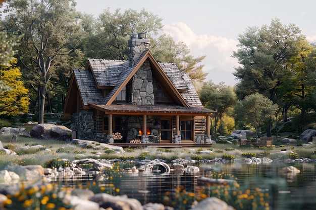 Charmosa cabana à beira do lago com uma lareira de pedra