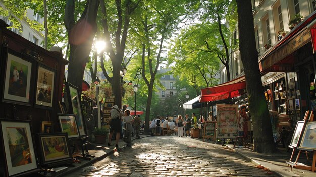 Foto charmosa calle de adoquines en montmartre parís hermoso día de verano el sol brilla a través de los árboles