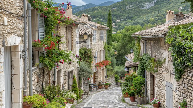 Foto charmosa calle estrecha en el casco antiguo de gordes, francia, con casas de piedra adornadas con coloridas flores