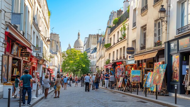 Foto charmosa calle estrecha en montmartre parís francia con vistas a la basílica del sacre coeur