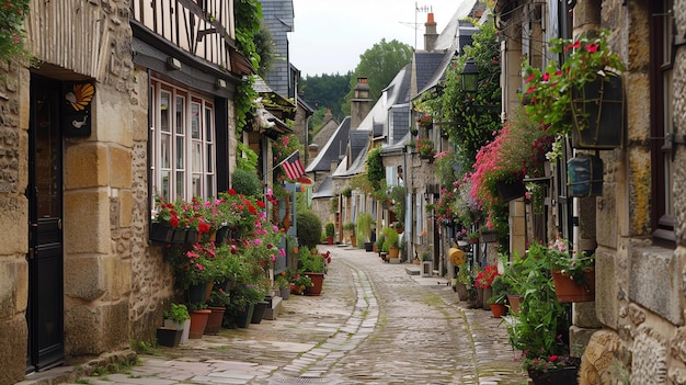 Foto charmosa calle estrecha en una pequeña ciudad francesa la calle está bordeada de casas de madera y hay flores en macetas en los alférezas de las ventanas