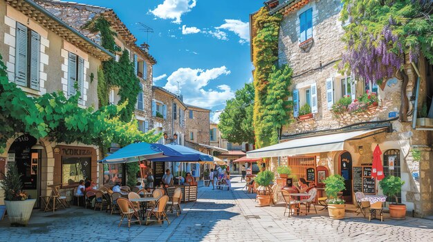 Charmosa calle estrecha en una pequeña ciudad francesa con edificios de piedra cafés al aire libre y un cielo azul con nubes blancas esponjosas