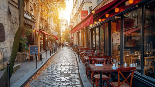 Charmosa calle parisina con terrazas de cafés que muestran arquitectura icónica y monumentos