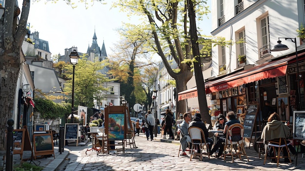 Charmosa calle parisina con vista a la Basílica del Sacré-Coeur Cafés al aire libre y galerías de arte bordean la calle de adoquines