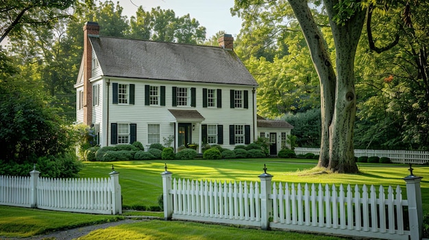 Charmosa casa colonial com gramado bem cuidadoso e cerca de palitos brancos