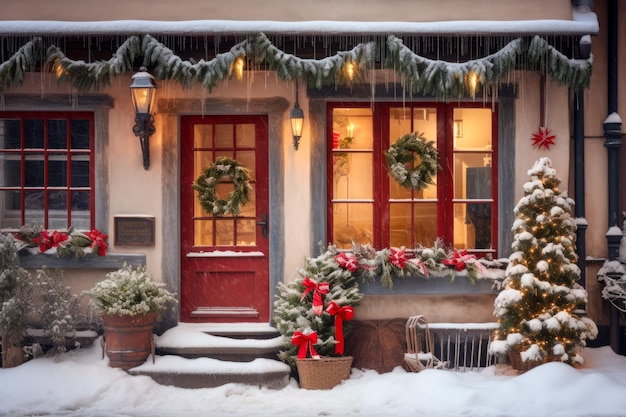 Charmosa casa de campo rústica com uma loja de conveniência em decoração festiva de Natal de inverno nevado