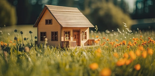 Charmosa casa de madeira estilo papelão em um campo com flores