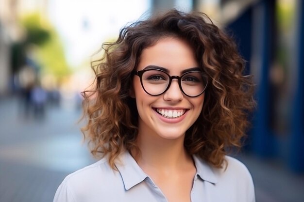 Charmosa e bela mulher de óculos com um sorriso alegre na rua no verão primavera outono