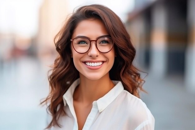 Charmosa e bela mulher de óculos com um sorriso alegre na rua no verão primavera outono