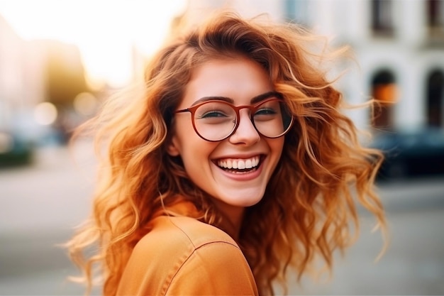 Charmosa e bela mulher de óculos com um sorriso alegre na rua no verão primavera outono