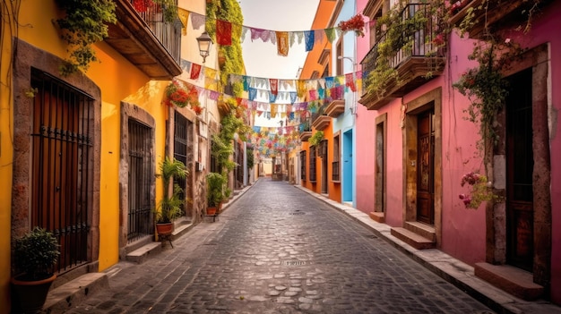charmosa rua de paralelepípedos cercada por prédios coloridos