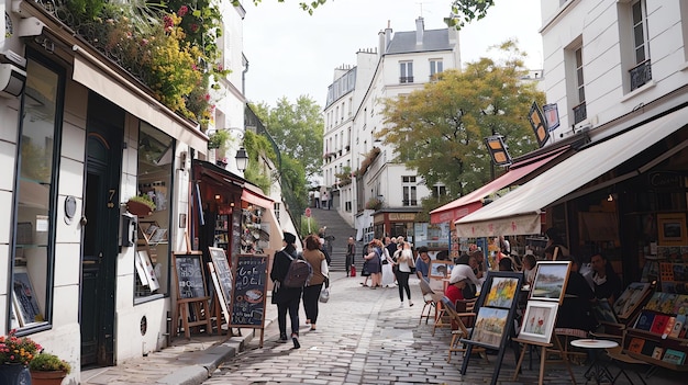 Charmosa rua estreita em Montmartre, Paris