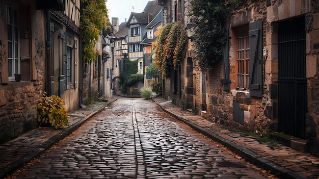 Charmosa rua estreita em uma aldeia francesa com casas de madeira e calçada de paralelepípedos