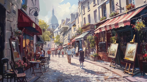 Charmosa rua parisiense com lojas e cafés tradicionais