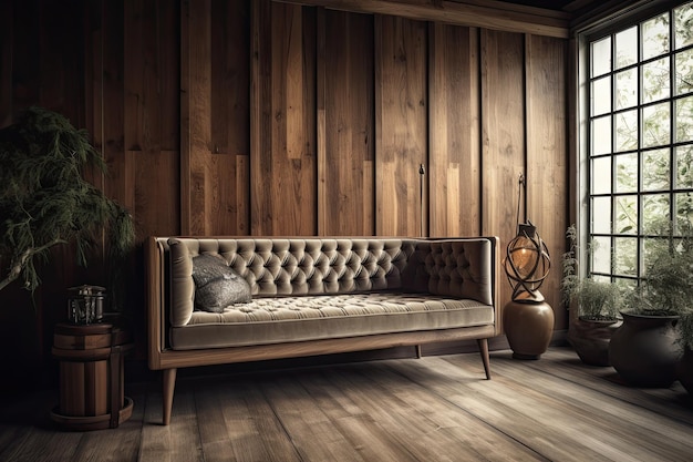 Charmoso interior de casa vintage com sofá de madeira e parede de madeira confortável