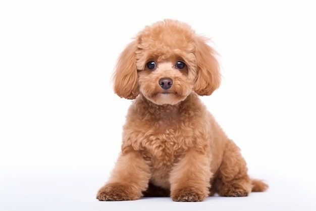 Charmoso Toy Poodle Dog em fundo branco mostrando a inteligência e elegância da raça