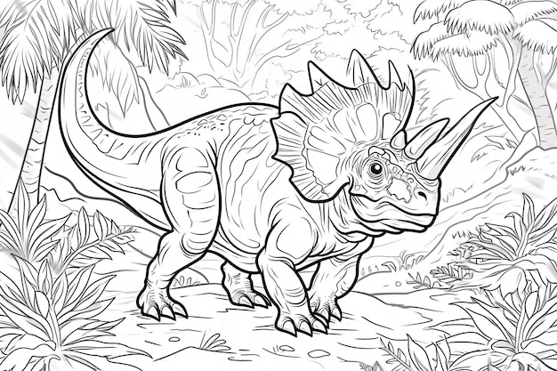 Foto chasmosaurus dinosaurio negro blanco lineal doodles arte de línea página para colorear libro para niños