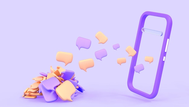 Chat en 3D con burbujas de voz y teléfono celular Teléfono inteligente con mensajes de texto o iconos de sms de diálogo que caen apilados sobre fondo púrpura Concepto de conversación en línea en la aplicación móvil social chat 3d render