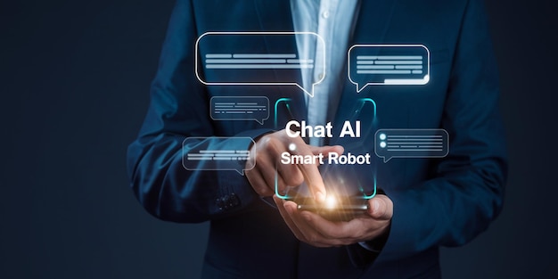 Chat Bot Chat com tecnologia de IA ou Inteligência Artificial Mulher usando um computador portátil conversando