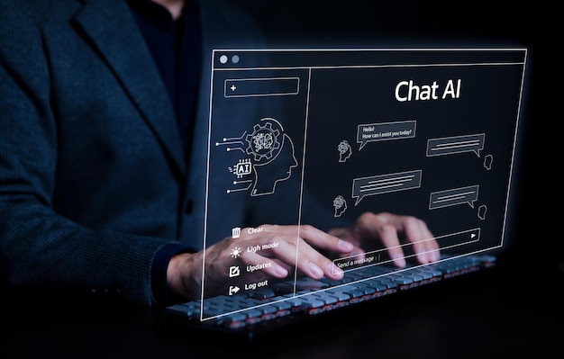 Chat Bot Chat con IA o tecnología de Inteligencia Artificial Hombre que trabaja usando una computadora portátil hablando con una inteligencia artificial inteligente pide las respuestas que quiere IA generativa