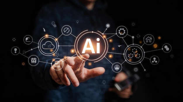 Chat Bot Chat con IA o tecnología de Inteligencia Artificial hombre usando una computadora portátil hablando
