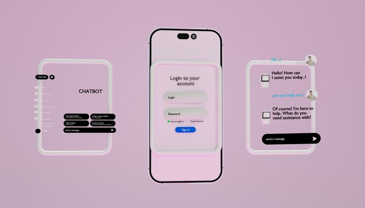 Foto chat bot en un teléfono celular 3d con un hermoso fondo rosa