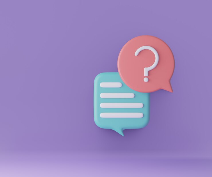 Foto chat de burbuja de icono 3d con signo de interrogación sobre fondo púrpura. representación de ilustración 3d.