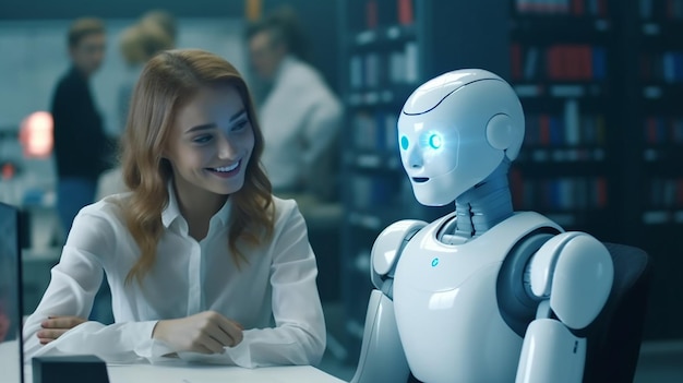 Chat GPT chat bot e mulher sorri no escritório robô AI para comunicação assistente de trabalho