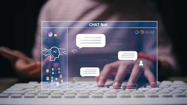 Chat mit KI oder Künstlicher Intelligenz Technologie Mann benutzt einen Laptop, chatzt mit einer intelligenten künstlichen Intelligenz und fragt nach den Antworten, die er will Intelligenter Assistent futuristisch