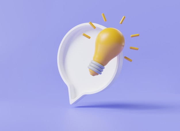 Chat-Symbol mit Glühbirne Social-Media-Nachrichten Kurztipp Fragen und Antworten Denksymbol Inspiration Neue Idee Glühbirne in Sprechblase Ideentipp-Konzept 3D-Renderillustration