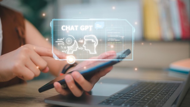 Chatbot bate-papo com ai homem de inteligência artificial usando tecnologia robô inteligente inteligência artificial de ia ao inserir prompt de comando para gerar algo transformação de tecnologia futurista