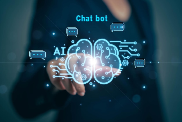 Chatbot chat con AI Inteligencia artificial El concepto de acceder a la imaginación alimentando comandos a Ai para crear lo que está en nuestra mente con tecnología futurista a través de Internet